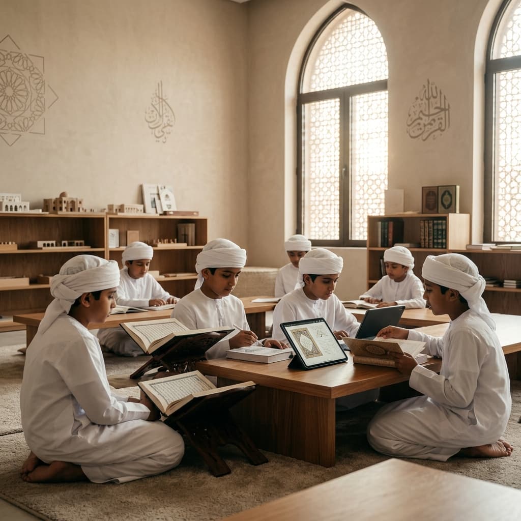 Young Hifz students in a luxury modern Islamic classroom - Hifz Integrated Pathway